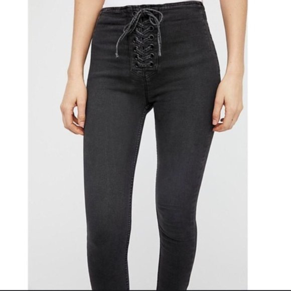 Free People Denim - Free People Hi-Rise Tie-Up Front Skinny Jeans Off Black Stretch Size 25